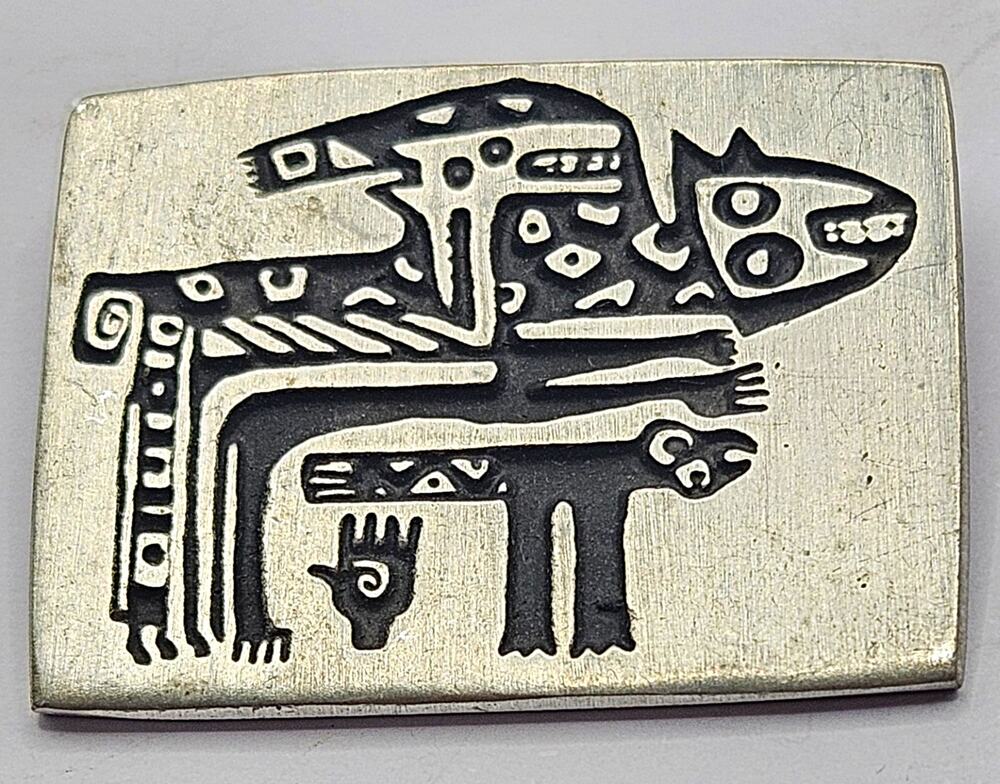 Alice Seely Signed 2000 Silver Tone Rectangle Animal Brooch Pin Black Silver